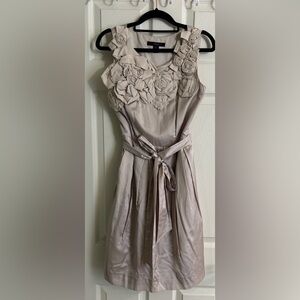 Ann Taylor Loft Coast Sleeveless Rose Applique Satin Belted Formal Dress Taupe